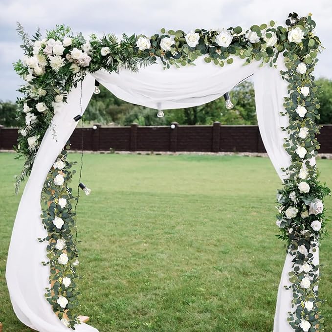 MACTING 6.6FT Fake Flower Garland with White Roses Artificial Gypsophila Eucalyptus Garland Floral Greenery Vine for Wedding Arch Table Centerpieces Backdrop Party Home Summer Decorations