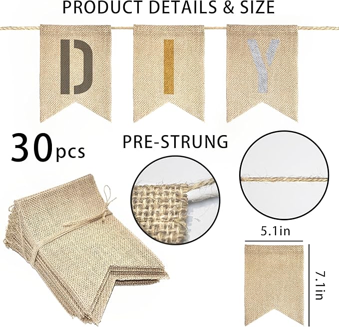 30 PCS DIY Burlap Banner with 42 PCS Letter Stencil Kit For Birthday Personalized Burlap Banner Set For Party
