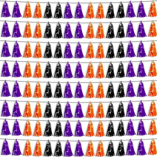 8P Purple Black 0range Foil Fringe Metallic Tassel Streamers Banner Tassel Garland for Parade Floats, Bachelorette, Wedding, Birthday, Halloween, Christmas, Bridal/Baby Shower Party Decorations
