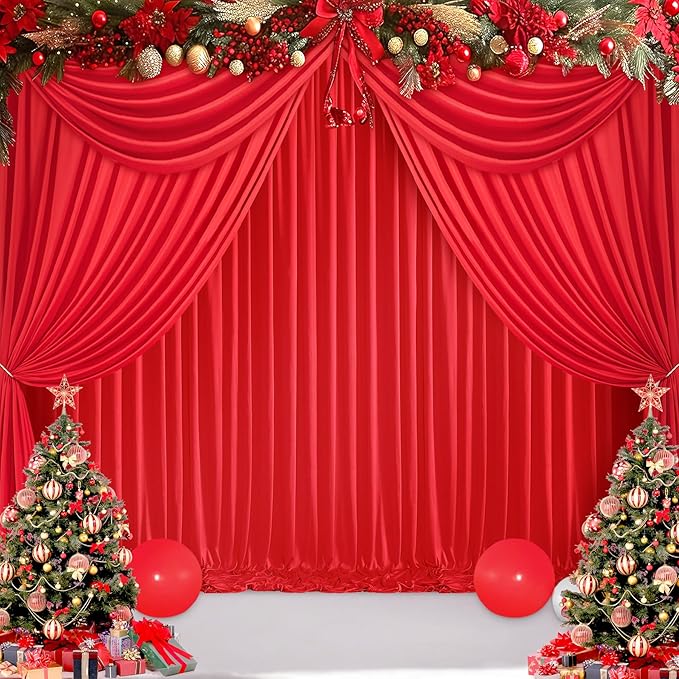 Outpain 30 ft x 8 ft Red Backdrop Curtain Panels, 6 Panels 5 ft x 8 ft Wrinkle Free Polyester Photography Backdrop Drapes, Wedding Party Home Decoration Supplies