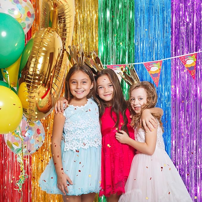 Rainbow Metallic Tinsel Foil Fringe Curtains, 2 Pack 3.3x8.3 Feet Party Streamer for Birthday Party Decorations, Halloween Decor, Foil Curtain for Bachelorette Party