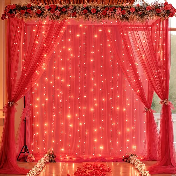 20×10ft Red Tulle Backdrop Curtain with Lights for Parties, Sheer Photo Backdrop Curtains for Wedding Party Photography Background