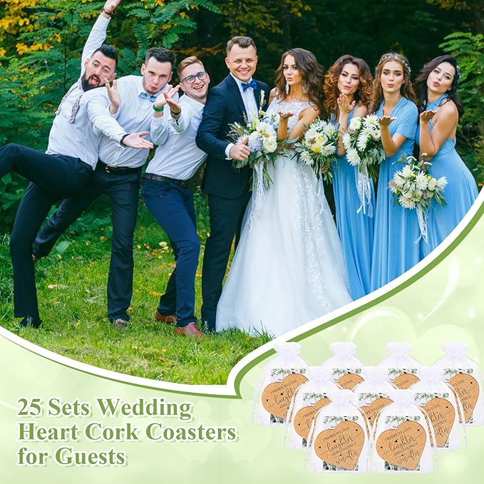 Uiifan 25 Set Wedding Favors for Guest Coaster Gifts Bulk Heart Shaped Coasters Thank You Cards Organza Bags Guest Souvenirs for Wedding Party Bridal Favors