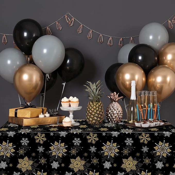 3Pcs Christmas Snowflake Party Tablecloths Decorations,Plastic Black and Gold Table Cloth,Winter Rectangle Table Cover for Christmas New Year Birthday Baby Shower Holiday Party Decorations,54x108 inch