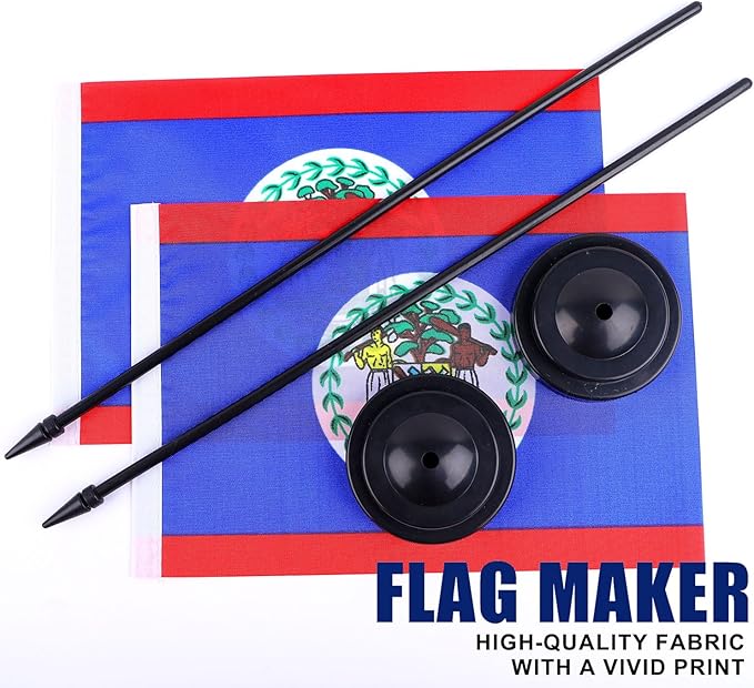 Belize Desk Flag 12" Solid Pole Deluxe Set Belizeans Flags Banner Mini Small Belize Office Table Flags with Black Stand Base Desktop Decorations(2Pack)