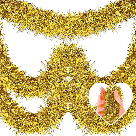 25 Feet Christmas Tinsel Garland, Metallic Twist Wall Hanging Tinsel Backdrop for Parade Floats, Carnival, Birthday, Wedding, New Year Party Decorations (Gold, 4in x 25ft)