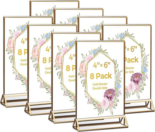 8 Pack Acrylic Sign Holder 4x6 Gold Frames, Wedding Table Number Holders Double Sided Vertical Clear Display Stand, Picture Holders for Tables, Menus, Flyers, Party and Office Decor
