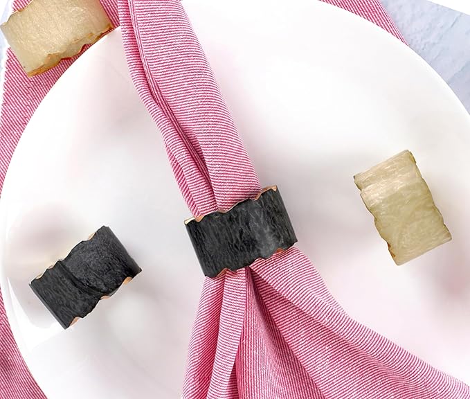 12 Pieces Epoxy Resin Napkin Rings - Farmhouse Napkin Rings Holder for Wedding, Banquet, Adornment for Table Settings, Boho Style for Dining Table, Wedding (Black & Cream)- ALPHA Living HOME