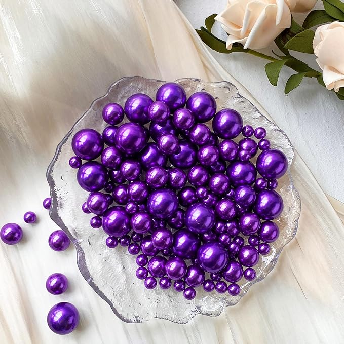 150Pcs Purple Polished No Hole Faux Pearl Beads for Vase Filling Decorations, Plastic Pearls Vase Fillers, Table Scatters, Wedding Centerpiece, Home Decor, 8/14/20 mm