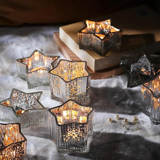 Letine 10pcs Silver Ribbed Star Candle Cups - Assorted Height Tea Light Holders, Votive Candle Holders forWedding, Fall Table Centerpiece, Mercury Glass Lucky Star Jar Decor(Tall 2.44", Short 1.57")