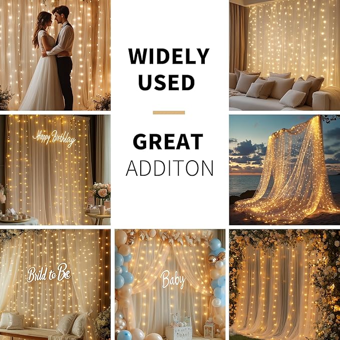 Champagne Tulle Backdrop Curtain with Lights String - 10x8ft Sheer Backdrop with 250 LEDs for Wedding, Baby Shower, Bridal Shower, Birthday Party Photo Shoot Background and Home Decorations
