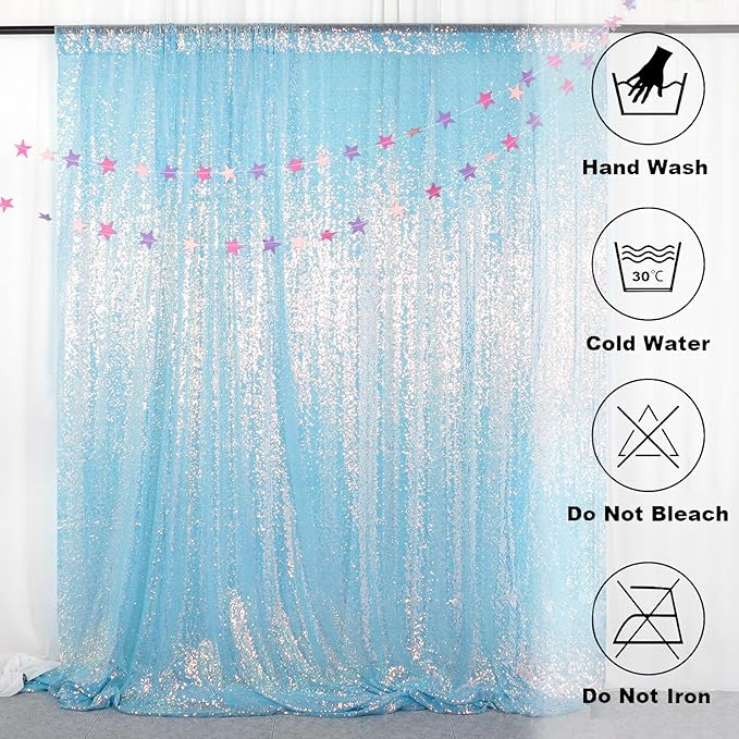 ShinyBeauty Aqua Photo Backdrop 8FTx10FT Sequin Curtain Sparkle Drapes Iridescent Blue Mermaid Fabric Backdrops for Photograph, Birthday, Wedding Background