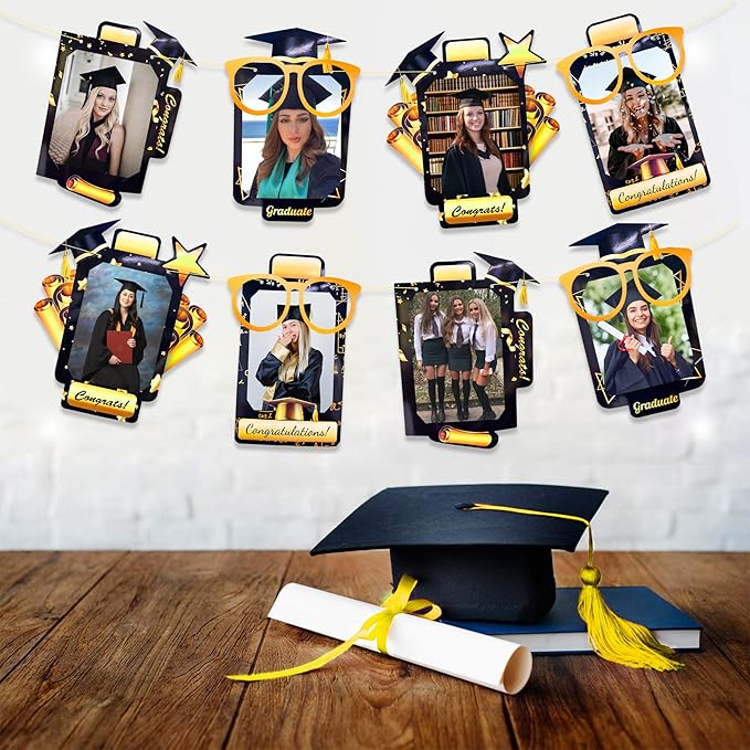 pinkblume Graduation Party Decorations Black and Gold Grad Photo Banner Congrats Grad Photograph Bunting Garland for 2025 Graduation Celebration Party Decorations Supplies