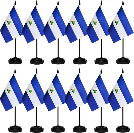 12 Pack Nicaragua Desk Flags Set, Nicaraguan Small Mini Table Office Flags with 12" Solid Black Pole, 8.2 x 5.5 Inches, Home and Office Decoration, Festival Celebrations