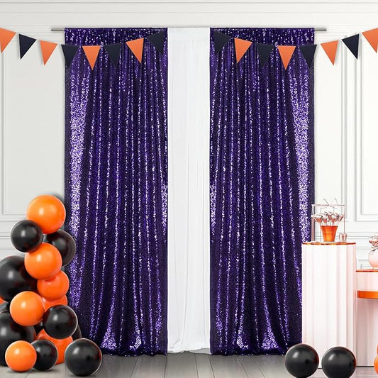 Eternal Beauty Purple Sequin Backdrop Curtains, Halloween Shimmer Back Drop 2Panels-2FTx8FT for Christmas, Party, Birthday, Photography, Wedding, Baby Shower Event Decoration