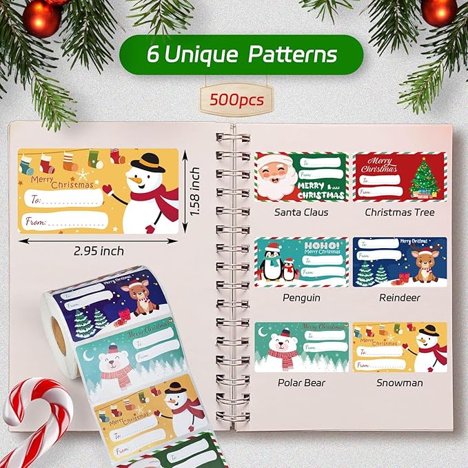 500 PCS Christmas Gift Tags, Self Adhesive Santa Claus Stickers, Festive Holiday Name Labels for Wrapping Paper Presents Decor, 6 Designs