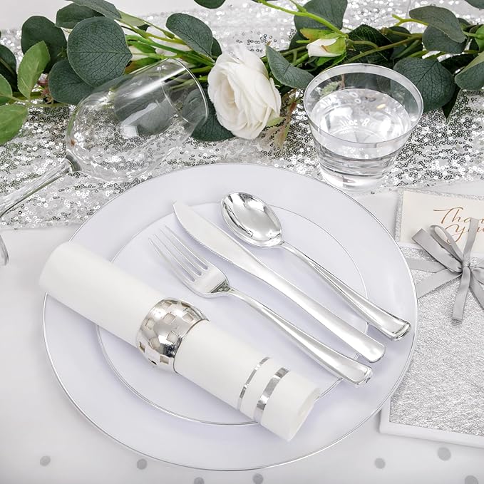 Festiva 176Pcs Silver Plastic Christmas Plates - Party Plates and Cups and Napkins Sets: 25Dinner Plates 25Dessert Plates 25Cups 25 Cutlery 25 Napkins 1Tablecloth for New Year Party&Wedding&Christmas