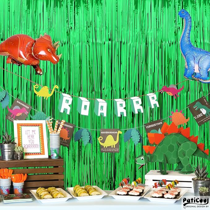 Green Streamers - Thicken 2 Pack 3.2 x 8.2 FT - Tinsel Foil Fringe Curtains Party Backdrop for Birthday, Dinosaur, Jungle, Football, Golf Party Decorations