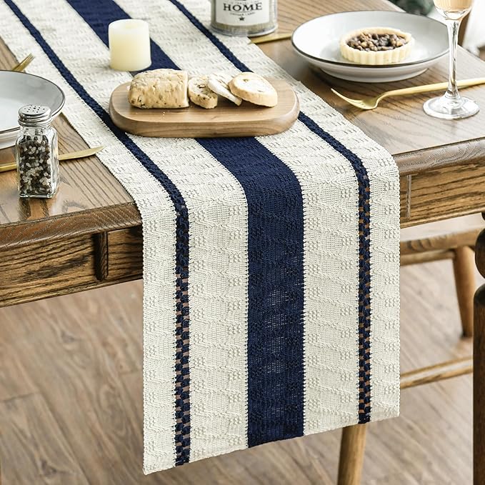 Artoid Mode Dark Blue Farmhouse Woven Rustic Table Runner, Seasonal Holiday Hollow Kitchen Dining Table Decoration for Home Party Decor 12x48 Inch