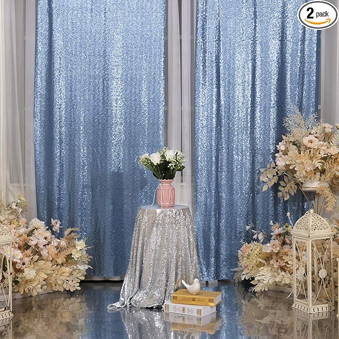 Poise3EHome 2Pcs 3Ft x 8Ft Baby Blue Sequin Backdrop Curtain, Glitter Photography Background, Sequence Xmas Thanksgiving Backdrop for Wedding Party Holiday Festival Decor