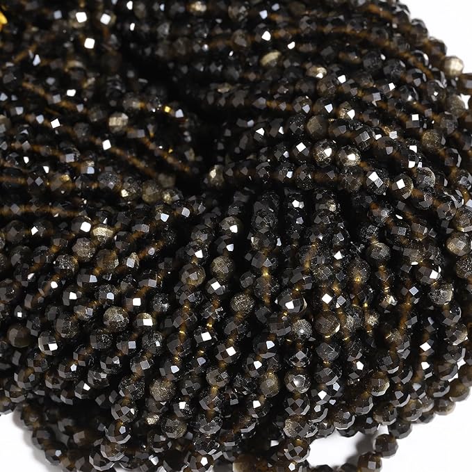 Song Xi 90pcs 4mm Natural Gold Obsidian Gemstone Beads Faceted Round Loose Stone Beads for Jewelry Making