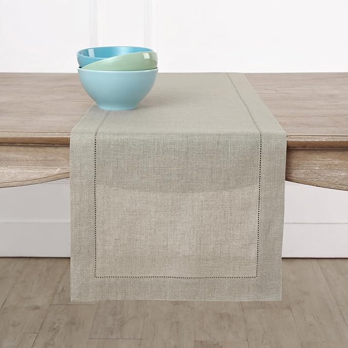 Solino Home Linen Natural Table Runner 108 Inches Long - 100% Pure Linen 14 x 108 Inch Table Runner for Fall, Autumn, Thanksgiving, Christmas - Classic Hemstitch