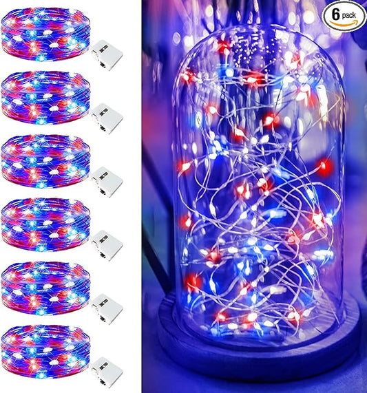 4th of July Decorations - 6 Pack Red White Blue Fairy Lights Battery Operated, 7ft 20 Led Twinkle Lights 3 Modes, Waterproof Bulk Mini String Light for Independence Day Patriotic Decorations