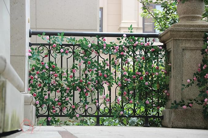 6FT Bendable Rose Vine with Butterflies, Wildflower Garland Hanging Floral Garland for Wall Decor Trellis Fence Home Room Decoration (Pink, 1pc)