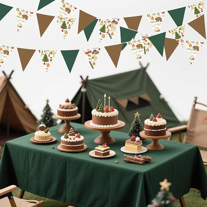 32Ft Camping Party Decorations Green Brown Camper Triangle Flag Fabric Banner Pennant Garland Streamers for Camping Birthday Glamping Baby Shower Campfire Adventure Woodland Travel Party Decor