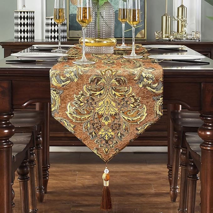 Deluxe Embroidered Table Runner 84" Decoration for Wedding Reception Banquet Meeting Tables Caramel