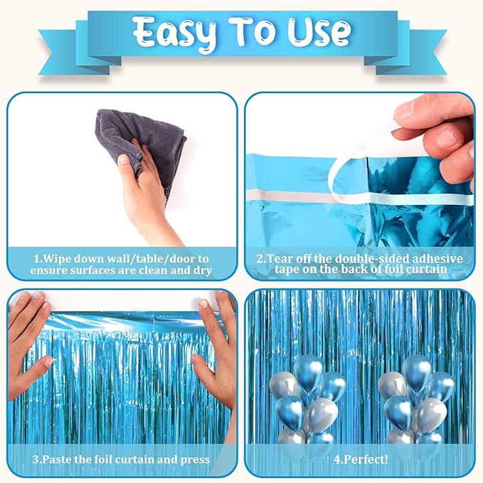 3 Pack 3.3 x 8.2 ft Retro Blue Foil Fringe Backdrop Curtains, Tinsel Streamers Party Decorations, Fringe Backdrop, Door Shimmer for Retro Theme Party