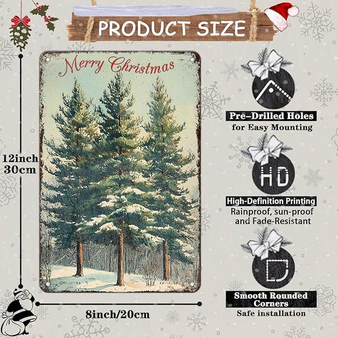 Vintage Christmas Decor Sign Christmas Tree Metal Tin Sign Merry Christmas Retro Tin Sign for Holiday Wall Decor Outdoor Cafe Living Room Bedroom 8x12Inch