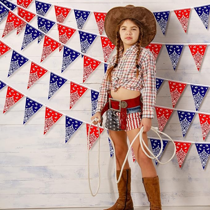 Frienda 6 Pack Western Cowboy Party Decorations Bandana Pennant Banner Christmas Wild West Rodeo Decor Red and Blue Country Decorations for Cowboy Themed Party Decoration, 9.8 Feet
