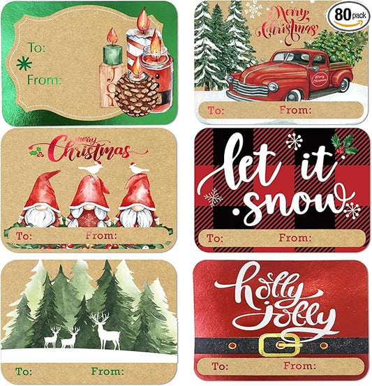 80-Count Foil Kraft Christmas Tags Sticker，8 Jumbo Designs - Xmas to from Christmas Stickers Name Tags Write On Labels - Holiday Present Label…