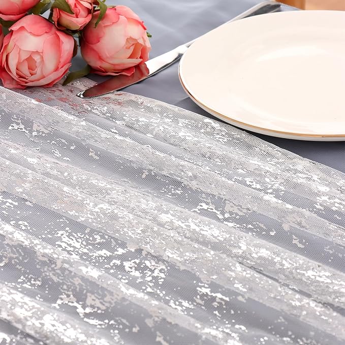 LOMOHOO 10 Ft Silver Table Runner, Silver Sheer Sequin Table Runners 120 Inches Long Glitter Metallic Foil Lace Fabric Table Decor for Birthday Party Wedding Anniversary Centerpiece (1pcs)