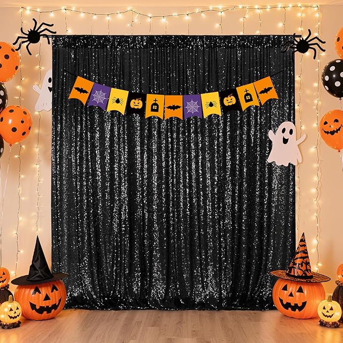 Poise3EHome 8FT x 8FT Black Sequin Backdrop Curtain Photography for Party Decoration, Black