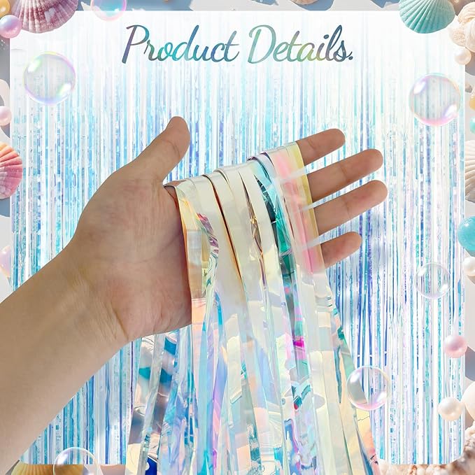 2 Pack Iridescence Party Streamers Backdrop Curtains, 3.3x8.2ft Holographic Tinsel Foil Curtain Photo Booth Props for Birthday, Wedding, Holiday Celebration, Bachelorette, Theme Decorations
