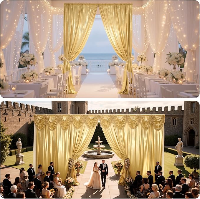 PartyVillage 10x14FT Gold Sequin Backdrop Curtain -2 Panels 5x14FT Wrinkle Free Shimmer Back Drop Cloth, Glitter Backdrop Drapes for Photography, Birthday, Wedding, Graduation Background