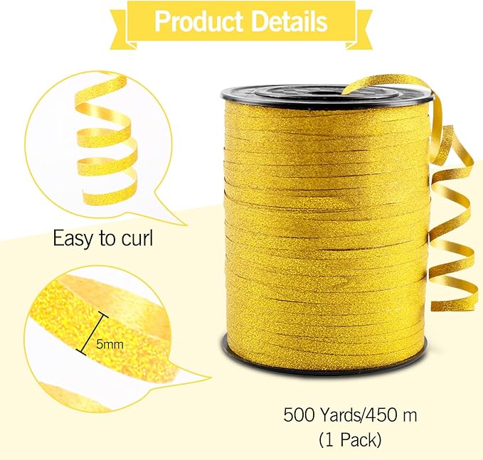 Gold Glitter Curling Ribbon, 500 Yard Curly Ribbon for Gift Wrapping, Curling Balloon String Roll Ribbons for Balloons, Gifts Ribbons for Valentine's Day Wedding Christmas Birthday Party Decorations
