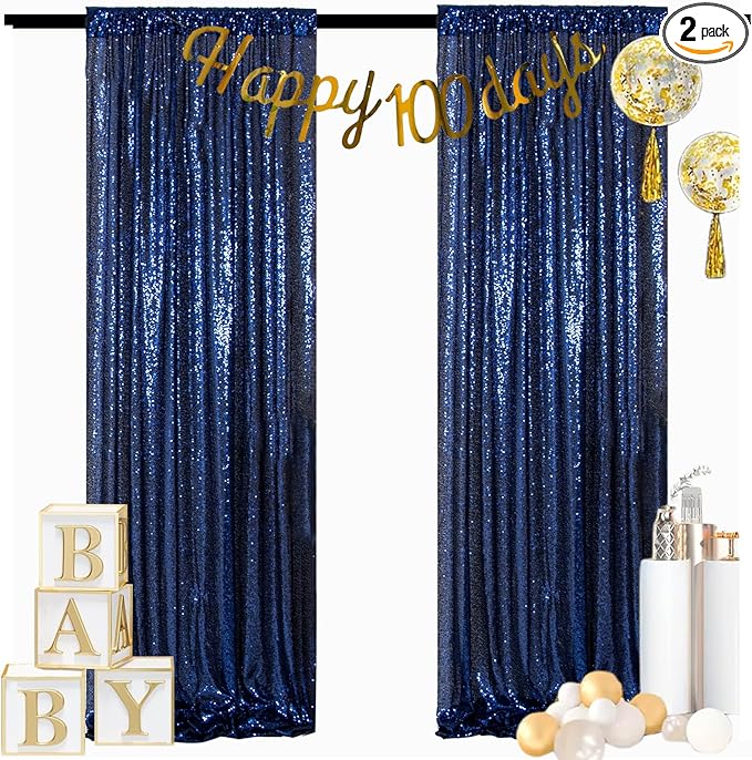ShinyBeauty Navy Blue Backdrops 2 Pieces Sequin Curtains 4FTx7FT Photograph Background Shimmer Curtain Panels Sequins Fabric Glitter Backgrounds for Wedding, Party, Photobooth Decor