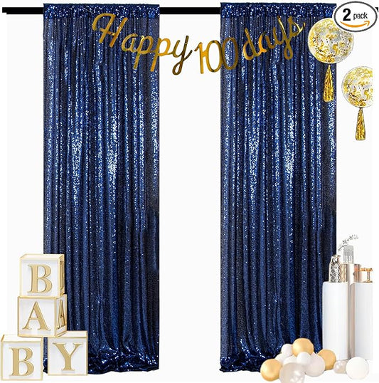 ShinyBeauty Navy Blue Backdrops 2 Pieces Sequin Curtains 4FTx7FT Photograph Background Shimmer Curtain Panels Sequins Fabric Glitter Backgrounds for Wedding, Party, Photobooth Decor