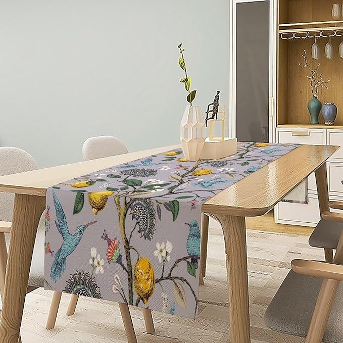 Table Runner with Flowers and Birds, Spring Plant Flowers Table Decoration Linen Table Runner Family Party Party Decorations 13x70 Inches