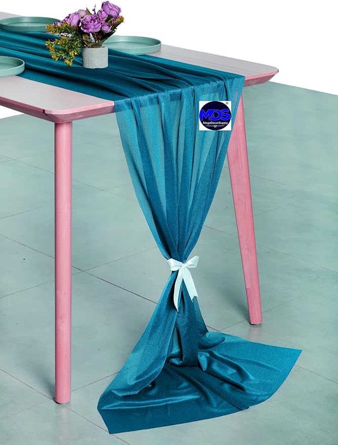 MDS 10 Pack 10ft Chiffon Table Runner 29 x 120 Inches Sheer Wedding Runner Romantic Rustic Table Runner for Wedding Decorations, Birthday Parties, Bridal Shower Party Arch Decor - Dark Teal