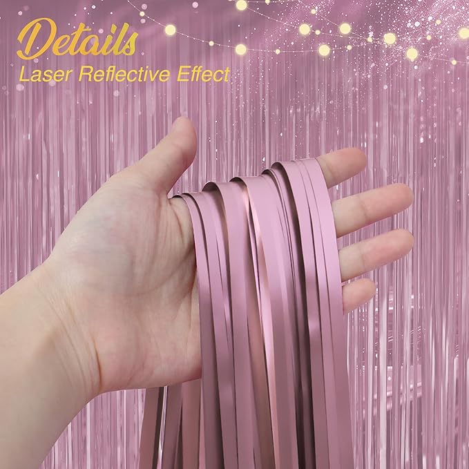 2 Pack Metallic Light Pink Fringe Backdrop, 3.2x8.2ft Shining Foil Tinsel Curtains, Birthday Party Decorations Door Streamers for Halloween, Christmas, Wedding, Graduation, Holiday, Theme Events