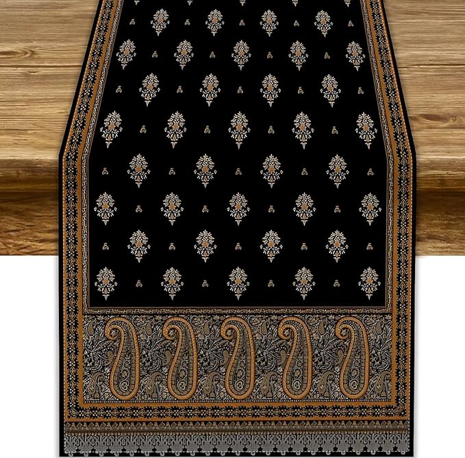 Vintage Paisley Table Runner, Boho Brown Black Flowers Leaves Print Table Runner for Home Dining Kitchen Table Party Wedding Decor, 13x120inch