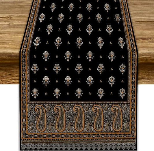 Vintage Paisley Table Runner, Boho Brown Black Flowers Leaves Print Table Runner for Home Dining Kitchen Table Party Wedding Decor, 13x90inch