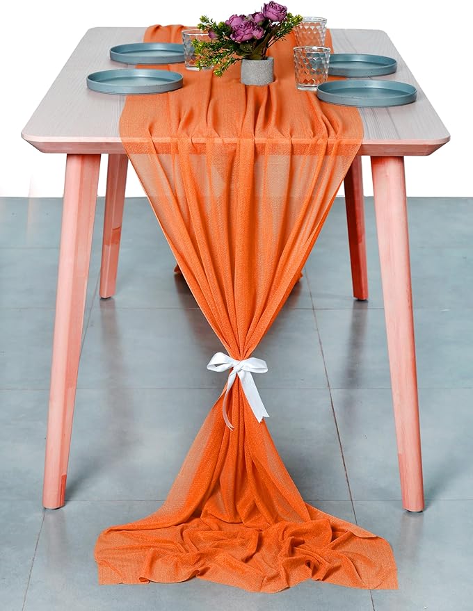 MDS 2 Pack 10ft Chiffon Table Runner 29 x 120 Inches Sheer Wedding Runner Romantic Rustic Table Runner for Wedding Decorations, Birthday Parties, Bridal Shower Party Arch Decor - Orange