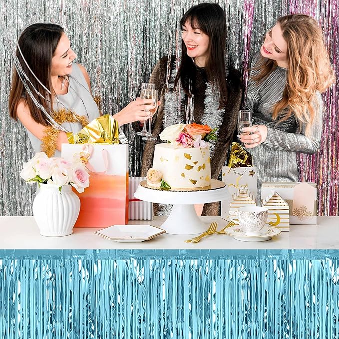 3 Pack 29 x108 Inch Light Blue Foil Fringe Table Skirts Metallic Banner for Tinsel Streamer Garland Backdrop for Parade Floats Mother's Day, Graduate, Birthday, Wedding Party Decoration