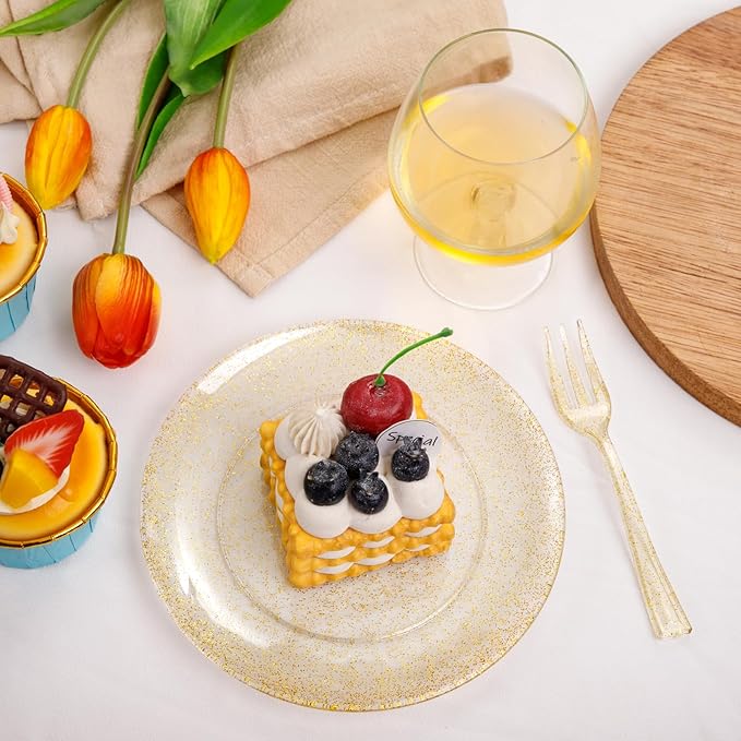Festiva 200Pcs Gold Glitter Dessert Plates 6.3" with Forks 5"-Small Plastic Dessert/Cake/Appetizer Plates Disposable for 100 Guests Thanksgiving Party &Wedding& Birthday& Christmas