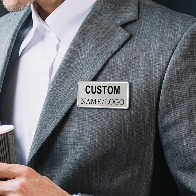 Custom Name Tags ID Badges with Logo Name Personalized Name Badges Name Tag ID Badges with Pin Backing Customizable Name Tags for Business Offices Stores Restaurant, 1.5x2.8 in, 100PCS
